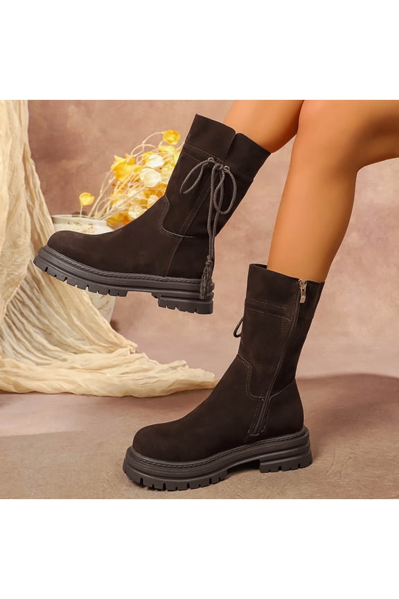 Women's Mid Heel Mid Calf Boots with Suede-Like Texture Chunkys Sole and Side Zipper Closure Versatile for Casual Wear Comfortable All-Day Walking Support