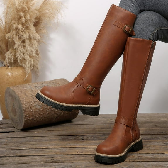 Taylonsss Women's Mid-Heel Round Toe Knee Boots with Adjustable Buckle Straps and Textured Sole for Winter Comfortable and Stable Riding Boot Style with Classic Design