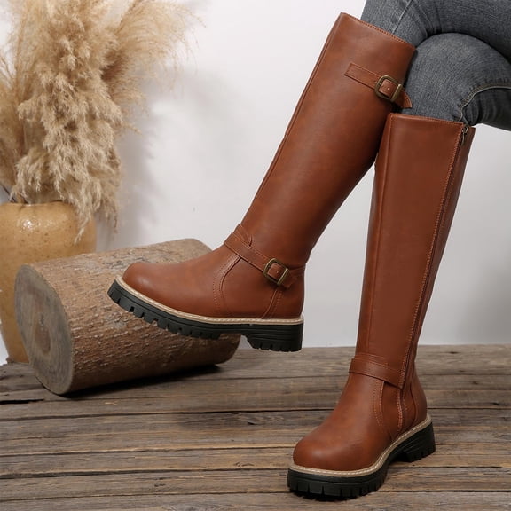 Taylonsss Women's Mid-Heel Round Toe Knee Boots with Adjustable Buckle Straps and Textured Sole for Winter Comfortable and Stable Riding Boot Style with Classic Design