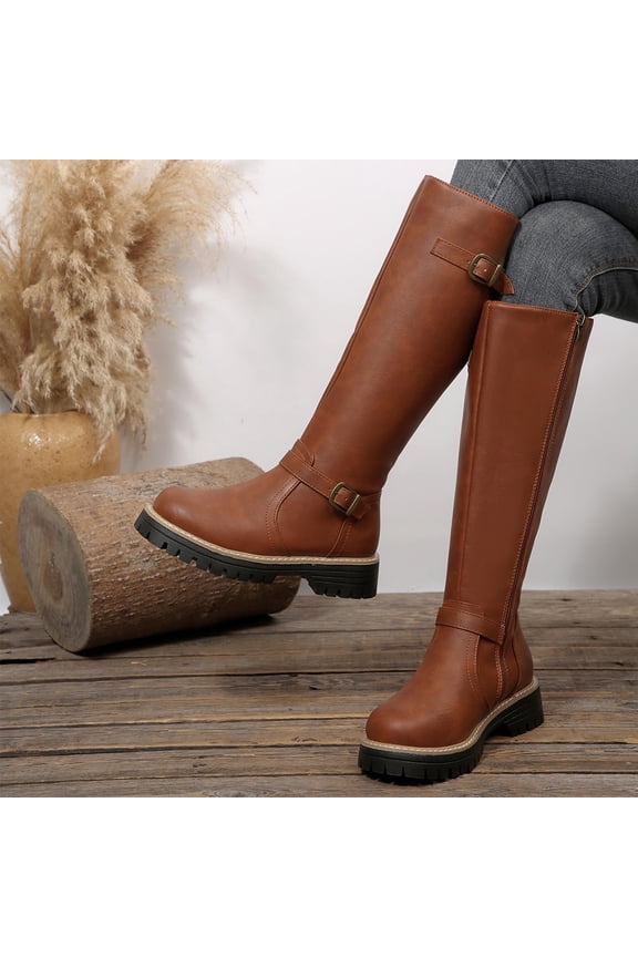 Women's Mid-Heel Round Toe Knee Boots with Adjustable Buckle Straps and Textured Sole for Winter Comfortable and Stable Riding Boot Style with Classic Design