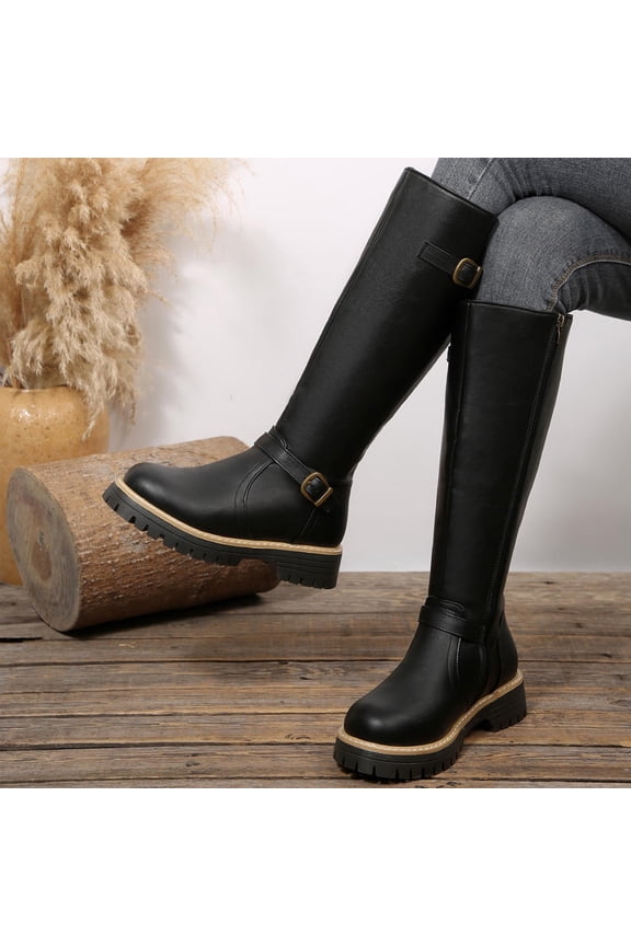 Women's Mid-Heel Round Toe Knee Boots with Adjustable Buckle Straps and Textured Sole for Winter Comfortable and Stable Riding Boot Style with Classic Design