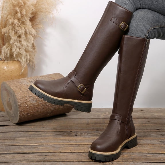 Taylonsss Women's Mid-Heel Round Toe Knee Boots with Adjustable Buckle Straps and Textured Sole for Winter Comfortable and Stable Riding Boot Style with Classic Design