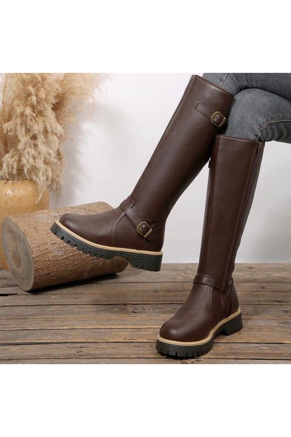 Women's Mid-Heel Round Toe Knee Boots with Adjustable Buckle Straps and Textured Sole for Winter Comfortable and Stable Riding Boot Style with Classic Design