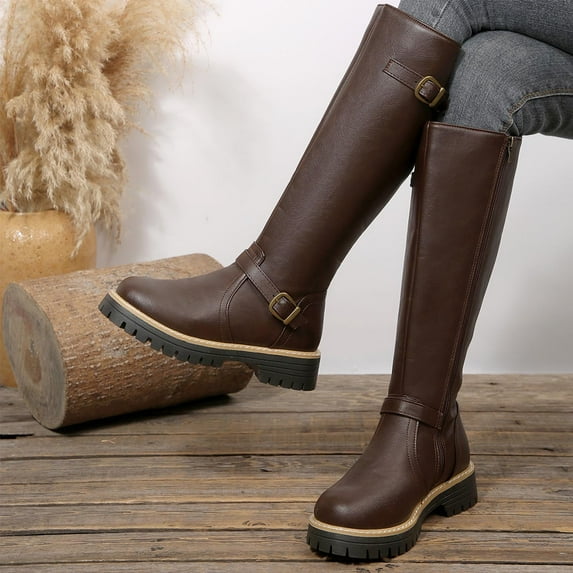 Taylonsss Women's Mid-Heel Round Toe Knee Boots with Adjustable Buckle Straps and Textured Sole for Winter Comfortable and Stable Riding Boot Style with Classic Design