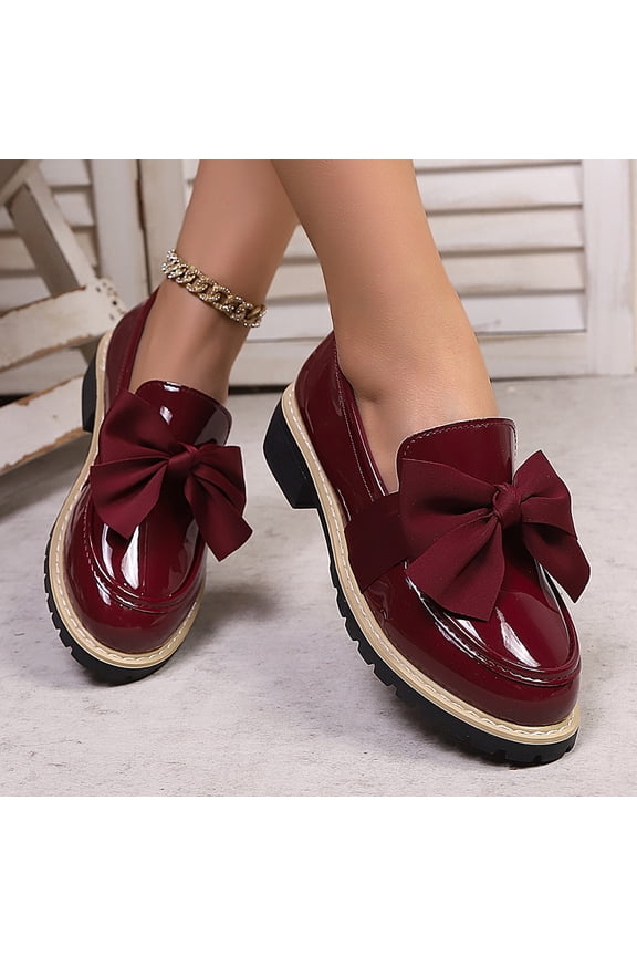 Women's Patent Leather Bow Detail Slip-On Loafers with Low Blocks Heel for All-Season Wear Comfortable Round Toe Casual Shoes with Non-Slip Sole for School Work and Daily Activities