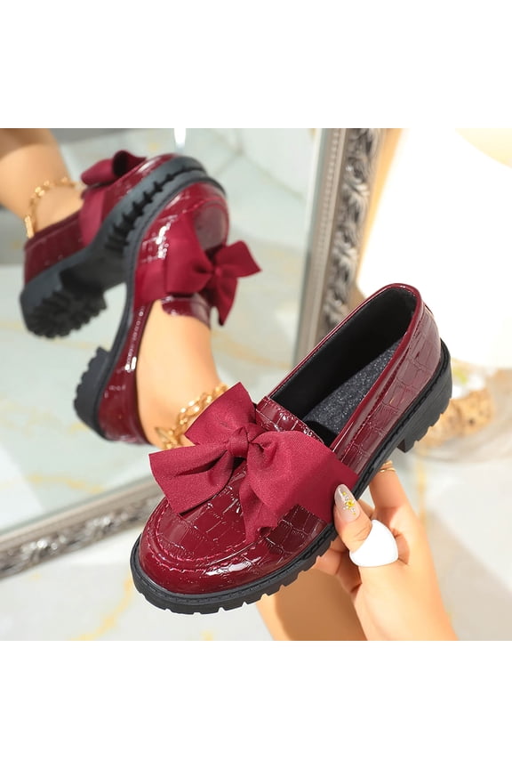 Women's Patent Leather Loafers with Bow Decor Chunky Heel Shoes Casual Comfortable Slip-On British Style Fall Winter Daily Wear