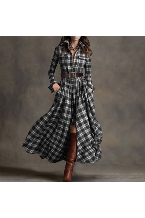 Women's Plaid Irregular Long Sleeve Shirt Dress with Belt and Pockets Comfortable Button-Up Design in Polyester-Spandex Blend for Casual Wear