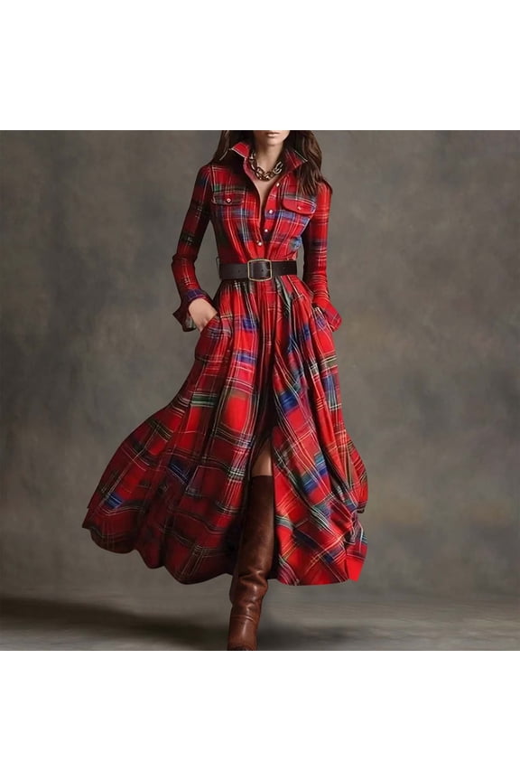 Women's Plaid Irregular Long Sleeve Shirt Dress with Belt and Pockets Comfortable Button-Up Design in Polyester-Spandex Blend for Casual Wear