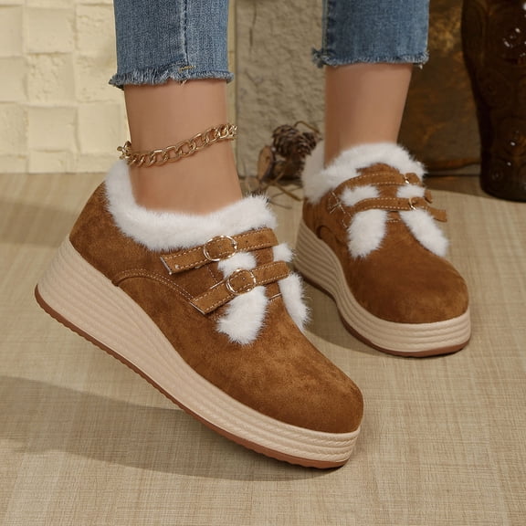 Taylonsss Women's Plus-Size Platforms Loafers with Metal Buckle Details and Fleece Lining for Fall and Winter Warm Comfortable Shoes with Thick Sole