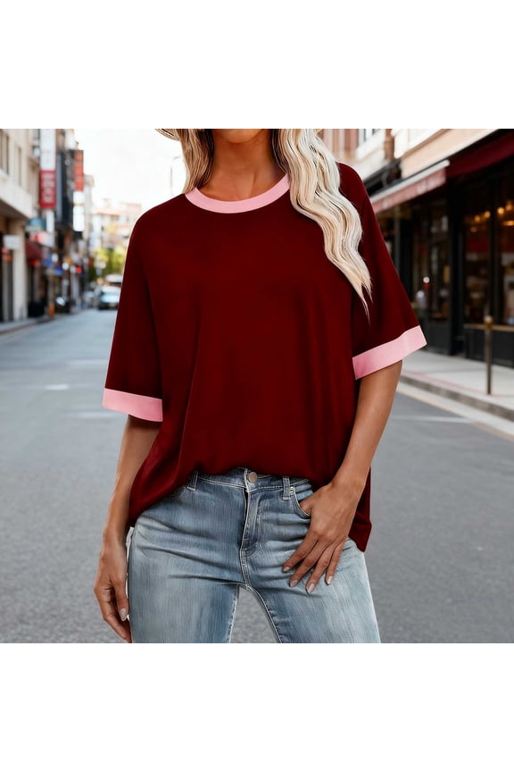 Women's Plus Size Round Neck Short Sleeve Patchwork T-Shirt for Spring Summer Casual Comfortable Daily Top Made from Polyester Fabric