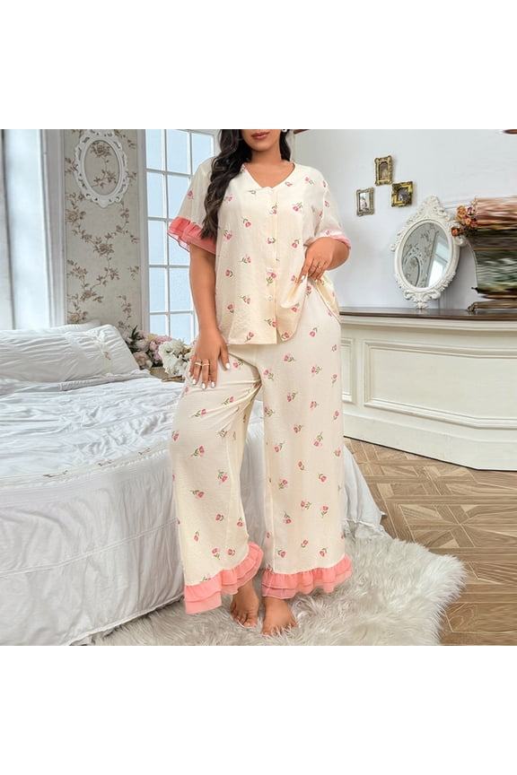Women's Plus Size V-Neck Lace Buttons Floral Print Short Sleeve Pajama Sets with Soft Breathable Fabric for Home Lounge and Sleep