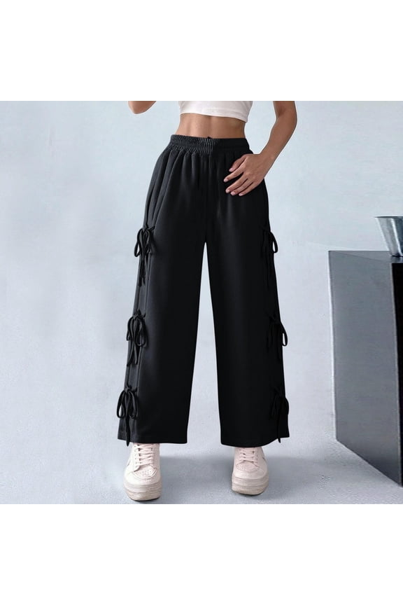 Women's Polyester Elastic Waist Sports Pants with Bow Tie and Drawstring for Warmth Comfortable Casual Wear