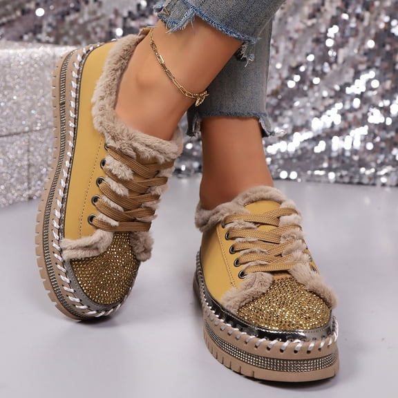 Taylonsss Women's Rhinestone Faux Fur Lace-Up Platforms Sneakers with Thick Sole for Fall and Winter Comfortable Warm Low Heel Shoes