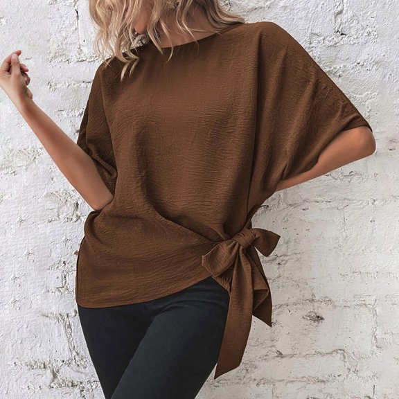 Taylonsss Women's Round Neck Solid Batwing- Sleeve Hem Knot Short Sleeve Top
