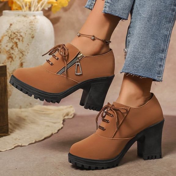 Taylonsss Women's Round Toe Chunkys Heel Lace-Up Side Zip Ankle Boots with Thick Sole for Casual and Outdoor Wear Comfortable Height-Increasing Leather Boots