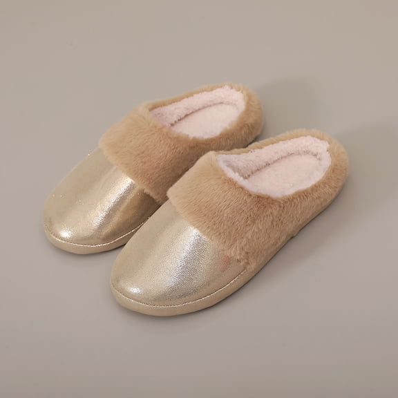 Taylonsss Women's Round Toe Flat Slippers with Faux Fur Collar and Metallic Toe Cap for Winter Indoor and Outdoor Use Warm and Comfortable with Non-Slip Sole