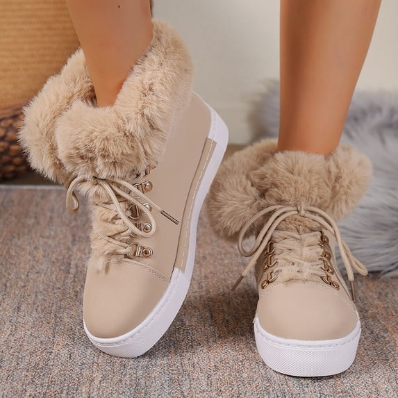 Taylonsss Women's Round Toe Front Lace-Up Flat Ankle Snow Boots with Faux Fur Cuff and Non-Slip Sole for Winter Comfortable Thickened Fleece-Lined Warm Water-Resistant Casual Boots