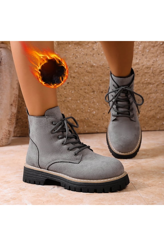 Women's Round Toe Front Lace-Up Low Heel Ankle Boots with Fleece Lining for Winter Warm Comfortable Non-Slip Casual Short Boots