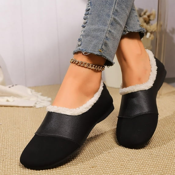 Taylonsss Women's Round Toe Low-Cut Loafers with Shearling Lining and Color Blocks Design for Winter Comfortable Flat Shoes for Indoor and Casual Wear