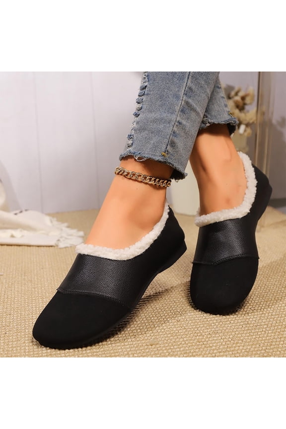 Women's Round Toe Low-Cut Loafers with Shearling Lining and Color Blocks Design for Winter Comfortable Flat Shoes for Indoor and Casual Wear