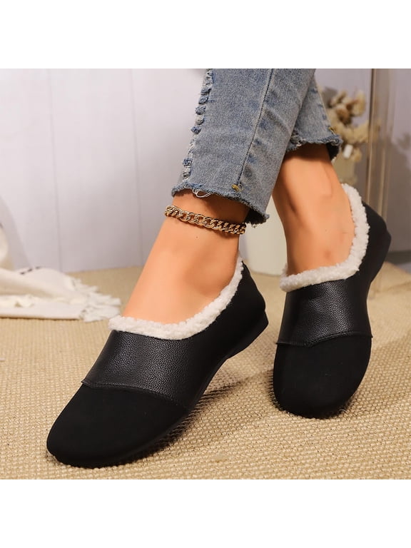 Women's Round Toe Low-Cut Loafers with Shearling Lining and Color Blocks Design for Winter Comfortable Flat Shoes for Indoor and Casual Wear