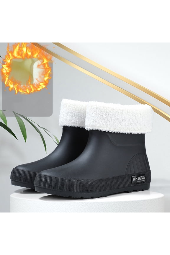 Women's Short Rain Boots with Removable Insulated Covers Waterproof Anti-Slip Outdoor Boots for Fall and Winter Comfortable Height-Increasing Chunkys Heel Design