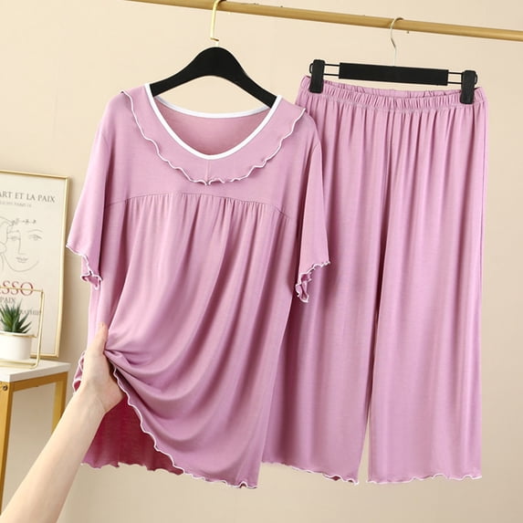 Taylonsss Women's Short Sleeved Capris Large And Thin Casual And Home Wear Two-piece Set