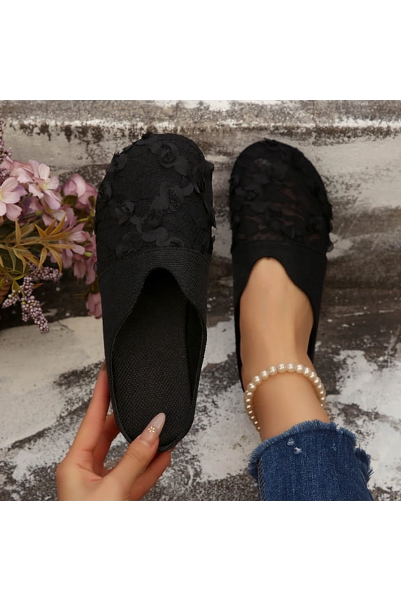 Women's Slip-On Comfortable Breathable Lace Embellished Flat Mules with Round Toe for Casual Everyday Wear Spring and Summer Season