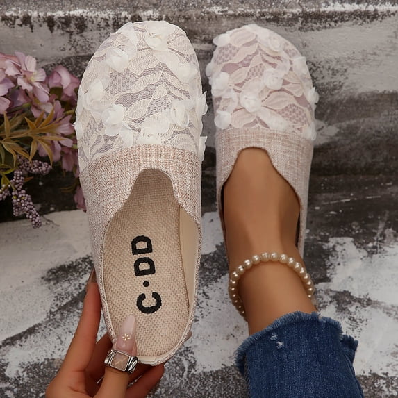 Taylonsss Women's Slip-On Comfortable Breathable Lace Embellished Flat Mules with Round Toe for Casual Everyday Wear Spring and Summer Season