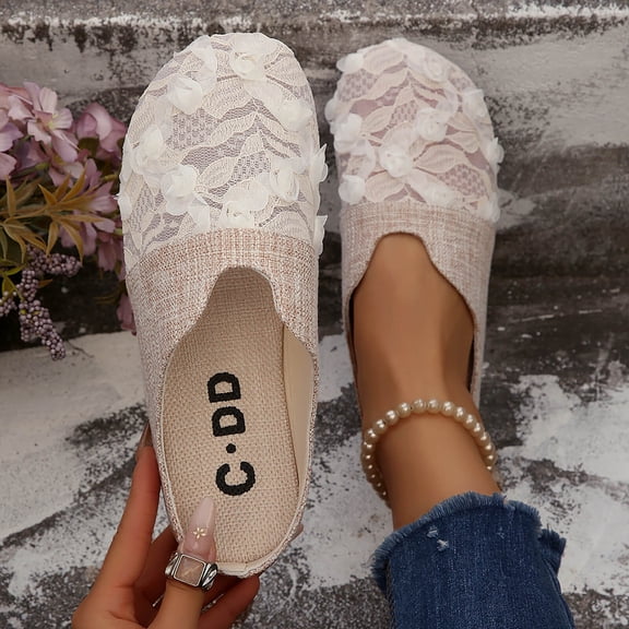 Taylonsss Women's Slip-On Comfortable Breathable Lace Embellished Flat Mules with Round Toe for Casual Everyday Wear Spring and Summer Season