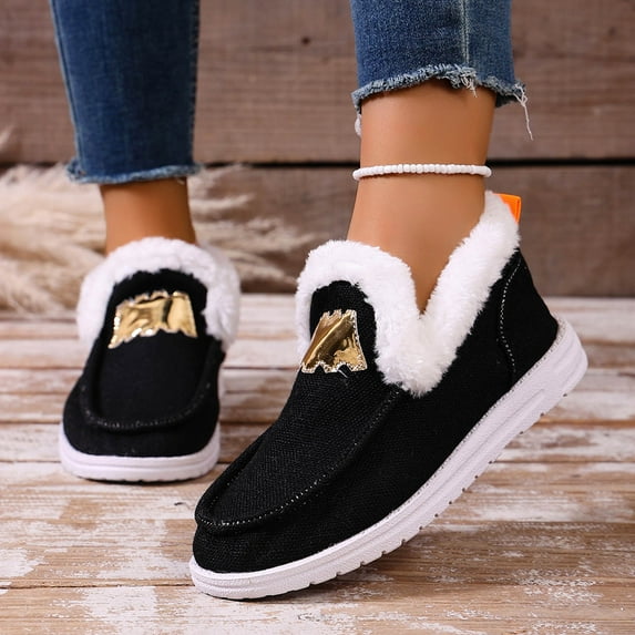 Taylonsss Women's Slip-On Fleece-Lined Canvas Loafers with Metallic Accents for Fall and Winter Comfortable Thick-Soled Casual Shoes with Warm Lining