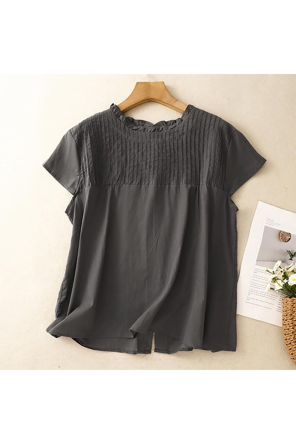 Women's Soft Flax Reversible Button-Down Pleated Casual Top with Round Neck and 3/4 Sleeve Breathable and Comfortable for Spring Summer Home Office Daily Use