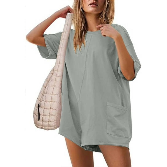Taylonsss Women's Solid Oversized Athletic Tee Romper Back V Neck Half Short Sleeve Wearing Both Front And Back Workout Rompers Casual Shorts Jumpsuit With Pockets