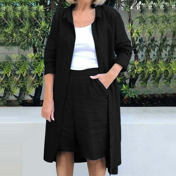 Taylonsss Women's Solid Turndown Collar Long Sleeve Long Shirt Blouse   Shorts Pants Set