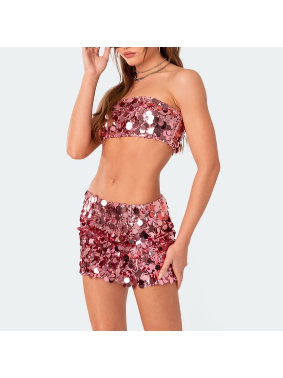 Women's Strapless Sequin Fashion Party Two-Piece Set with Bandeau Crop Top and High-Waisted Mini Skirt for Cocktail Parties and Holiday Events