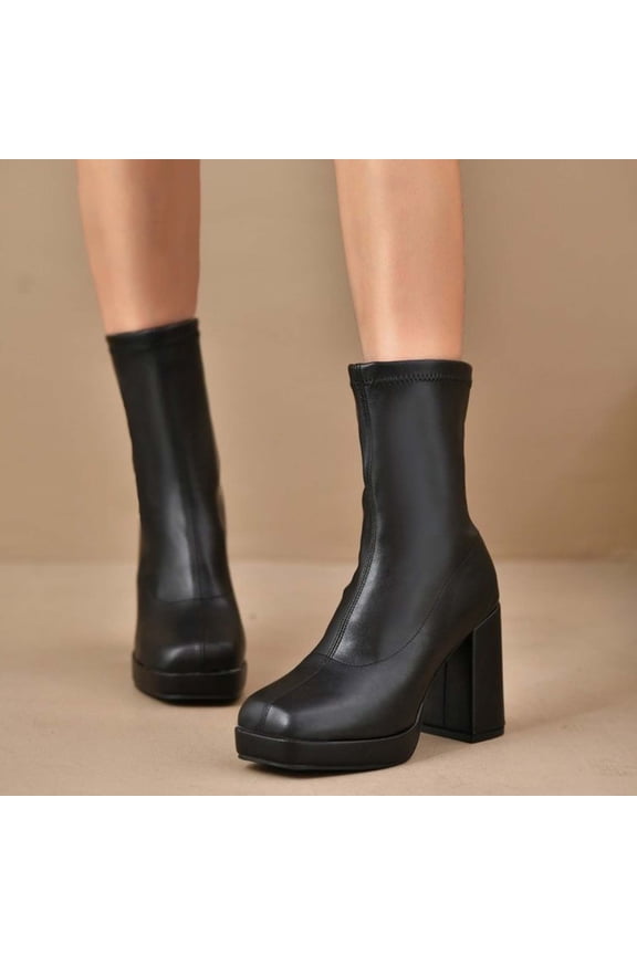 Women's Stretch Leather Blocks Heel Side Zip Ankle Boots with Platforms Sole for Winter Comfortable Mid-Heel Boots with Cushioning for All-Day Wear