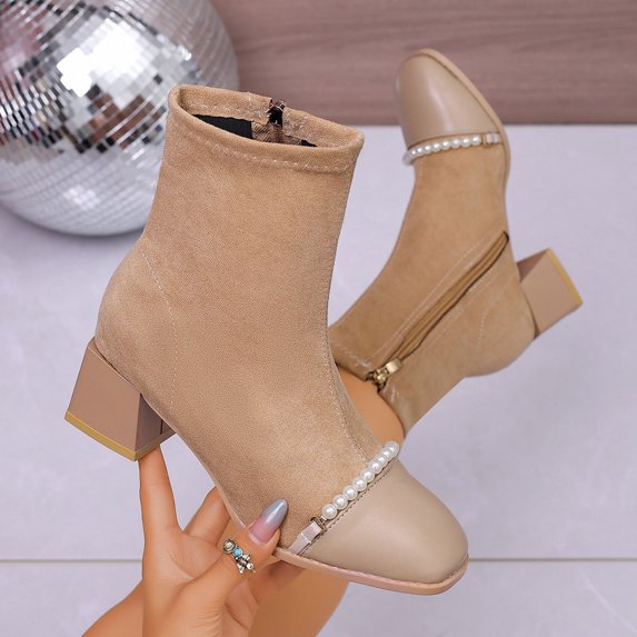 Taylonsss Women's Stretchy Knit Ankle Boots with Pearl Accent and Blocks Heel for Winter Comfortable Pointed Toe Back Zipper Boots for Casual Wear