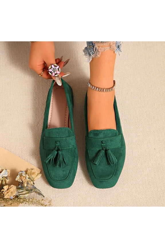 Women's Suede Slip-On Loafers with Square Toe and Tassel Detail for Summer and Fall Casual Wear Comfortable Flat Heel Shoes for All-Day Use
