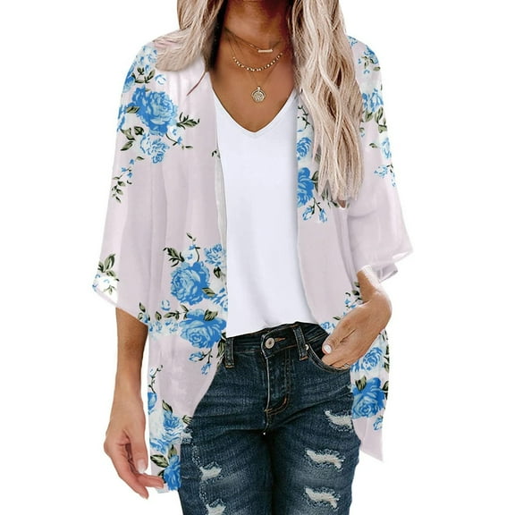 Taylonsss Women's Summer Floral Print Puff Sleeve Cardigan Loose Cover Up Casual Blouse Summer Trendy Tops