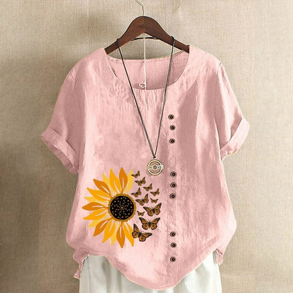 Taylonsss Women's Summer Oversize Casual Round-Neck Short Sleeve Flower Printing Loose Shirt Tops