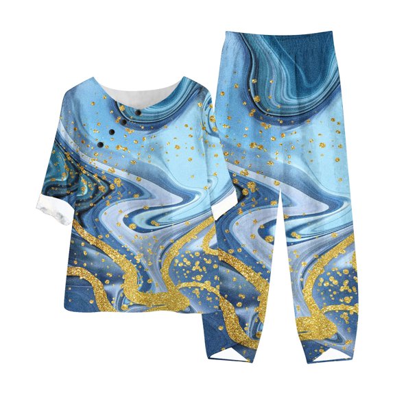 Taylonsss Women's Summer Printed Short Sleeve Half Sleeve Round Neck Cropped Top   Casual Pants Suit Set Two Piece Set