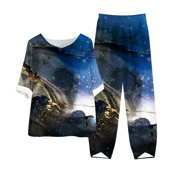 Taylonsss Women's Summer Printed Short Sleeve Half Sleeve Round Neck Cropped Top   Casual Pants Suit Set Two Piece Set