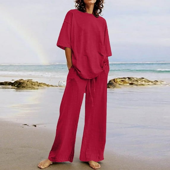 Taylonsss Women's Summer Suit Fashion Short Sleeve Solid Color Trousers Casual Two-Piece Suit