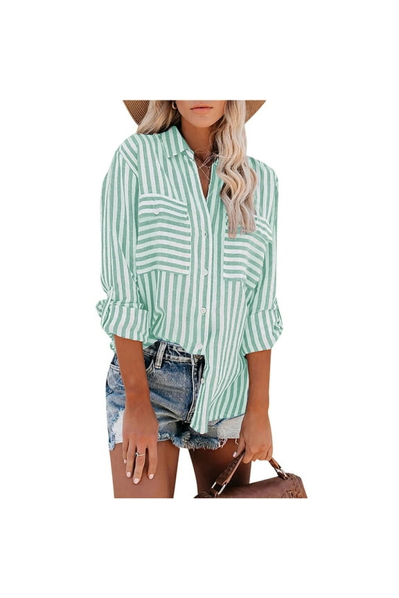 Women's Tops Striped Printed Single Breasted Long Sleeve Shirt Cotton Linen Tops