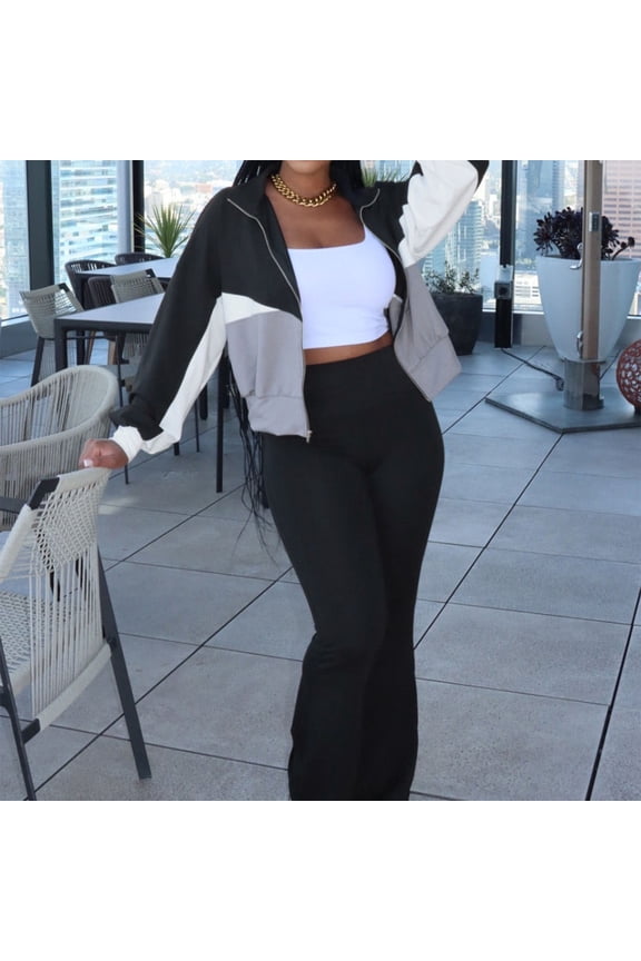 Women's Tracksuit Set with Color Block Patchwork Design and Flared Leg Pants for Cozy Comfort Outfit
