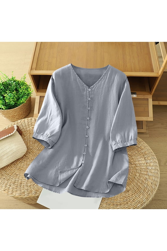 Women's V-Neck 3/4 Sleeve Button Front Casual Top Loose Fit Comfortable Blouse for Daily Use and Home Wear
