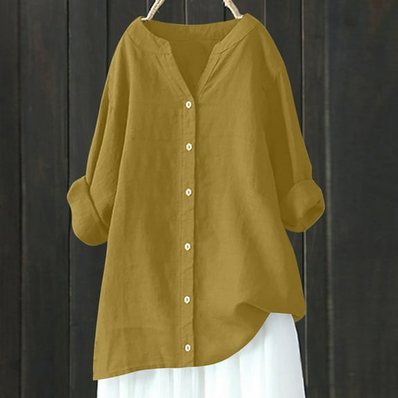 Taylonsss Women's V-Neck Long Sleeve Loose Button Cotton And Linen Tunic Summer Blouse