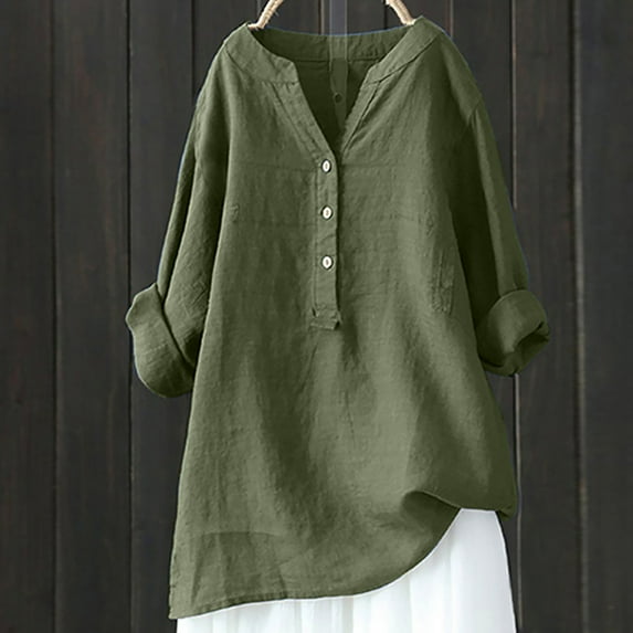 Taylonsss Women's V-Neck Long Sleeve Loose Button Cotton And Linen Tunic Summer Blouse