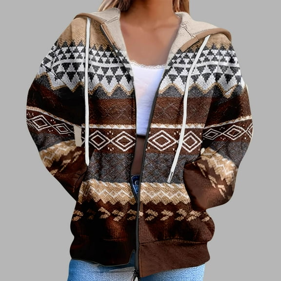 Taylonsss Women's V-Neck Tribal Print Hooded Zip-Up Fleece Sweatshirt with Pockets Long Sleeves Bohemian Style Casual Outerwear for Cooler Weather and Winter Daily Lounging