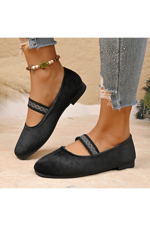Women's Velvet Round Toe Flat Shallow Mouth Slip-On Loafers with Sparkling Strap for Indoor and Outdoor Casual Wear Comfortable Versatile Shoes